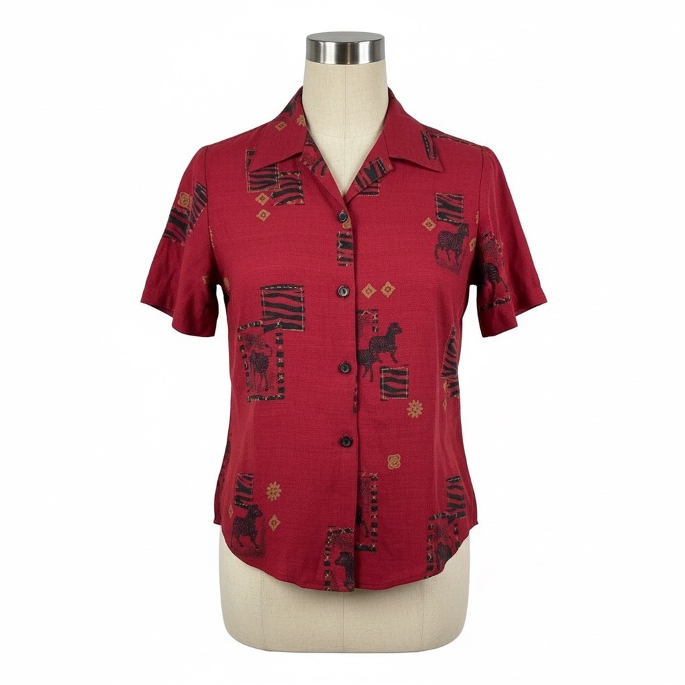 Dress Barn Blouse‎ Medium Red Black Zebra Print Shirt 90s Boho Safari Vintage